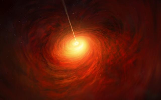 Rappresentazione artistica raffigurante il buco nero nel cuore dell'enorme galassia ellittica Messier 87 (M87)
