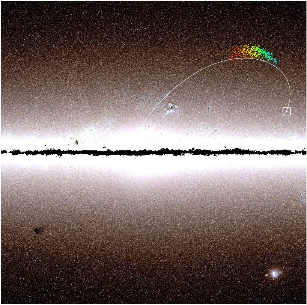 Il gruppo di stelle individuate dai ricercatori, sovrapposte a una mappa della Via Lattea e identificate grazie ai dati del catalogo di Gaia DR2. Crediti : Rodrigo Ibata, Observatoire astronomique de Strasbourg.