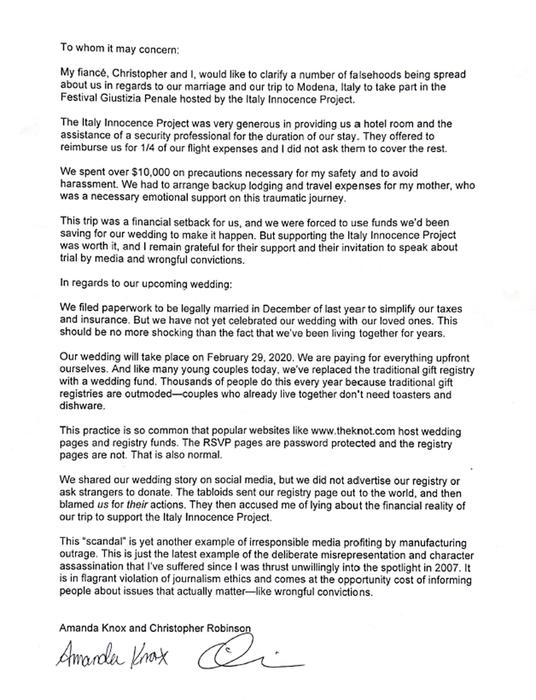 La lettera di Amanda Knox e del fidanzato