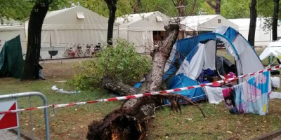 Albero cade su tenda di una famiglia in camping...