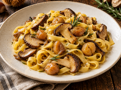 Tagliatelle con porcini e castagne: l’autunno si serve a tavola